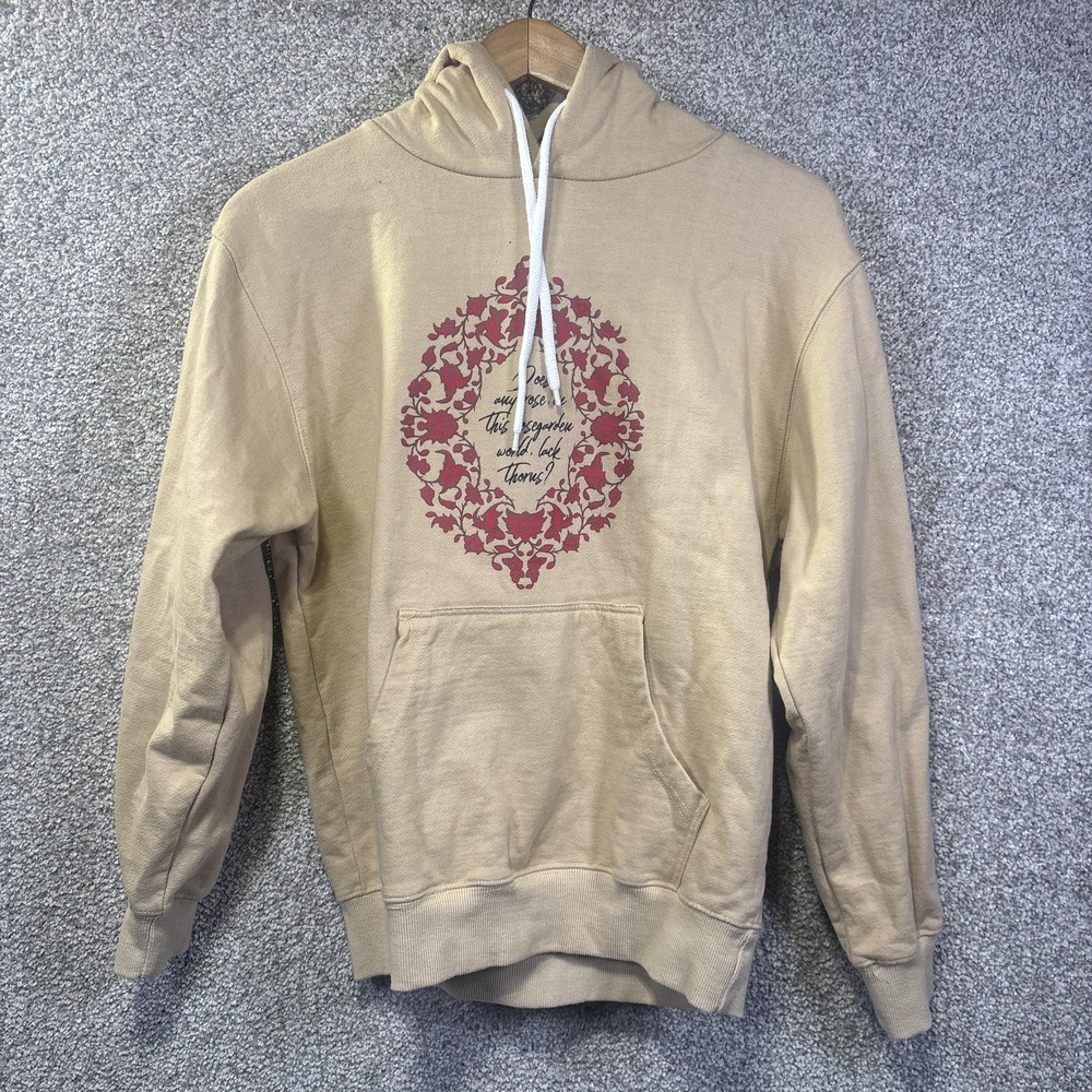 5IVEPILLARS Hoodie Mens Small Beige Rosegarden Quote Graphic Pullover Sweatshirt